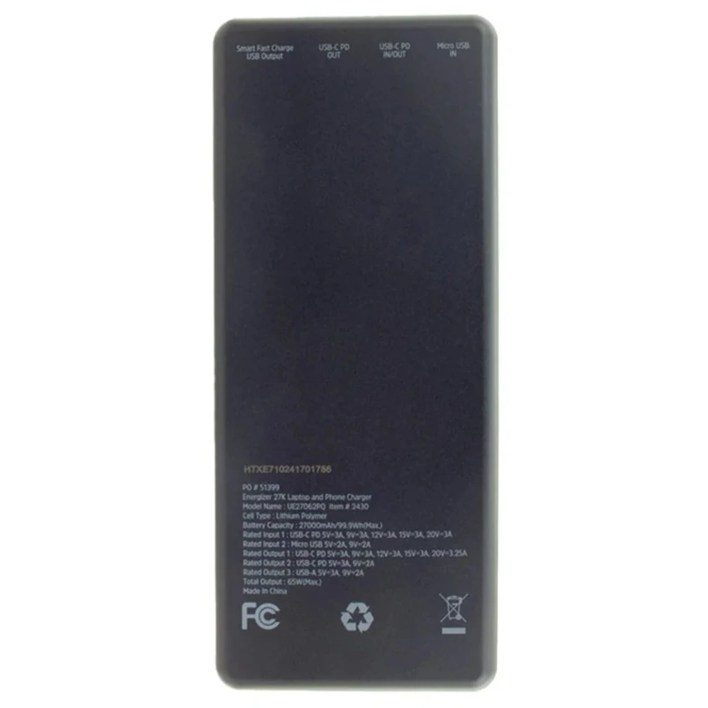 Внешний аккумулятор Energizer UE27062PQ 27000 mAh Li-pol PD65W for laptop Black UA