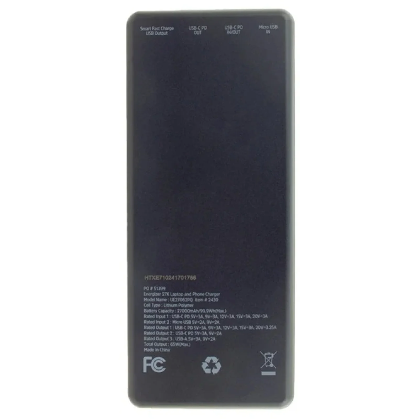 Зовнішній акумулятор Energizer UE27062PQ 27000 mAh Li-pol PD65W for laptop Black UA