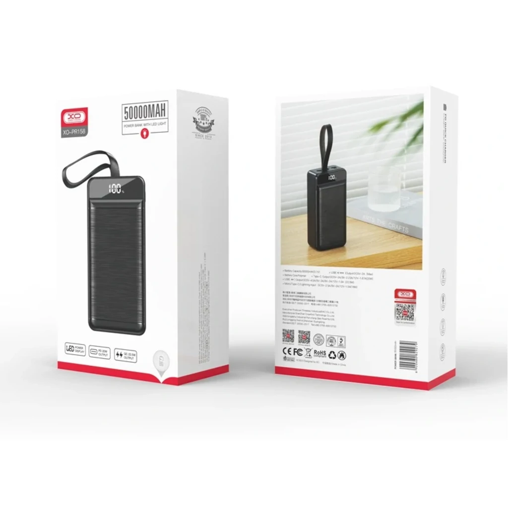 Зовнішній акумулятор XO PR158 50000 mAh 3-Input PD20W + QC22.5W with light Black UA