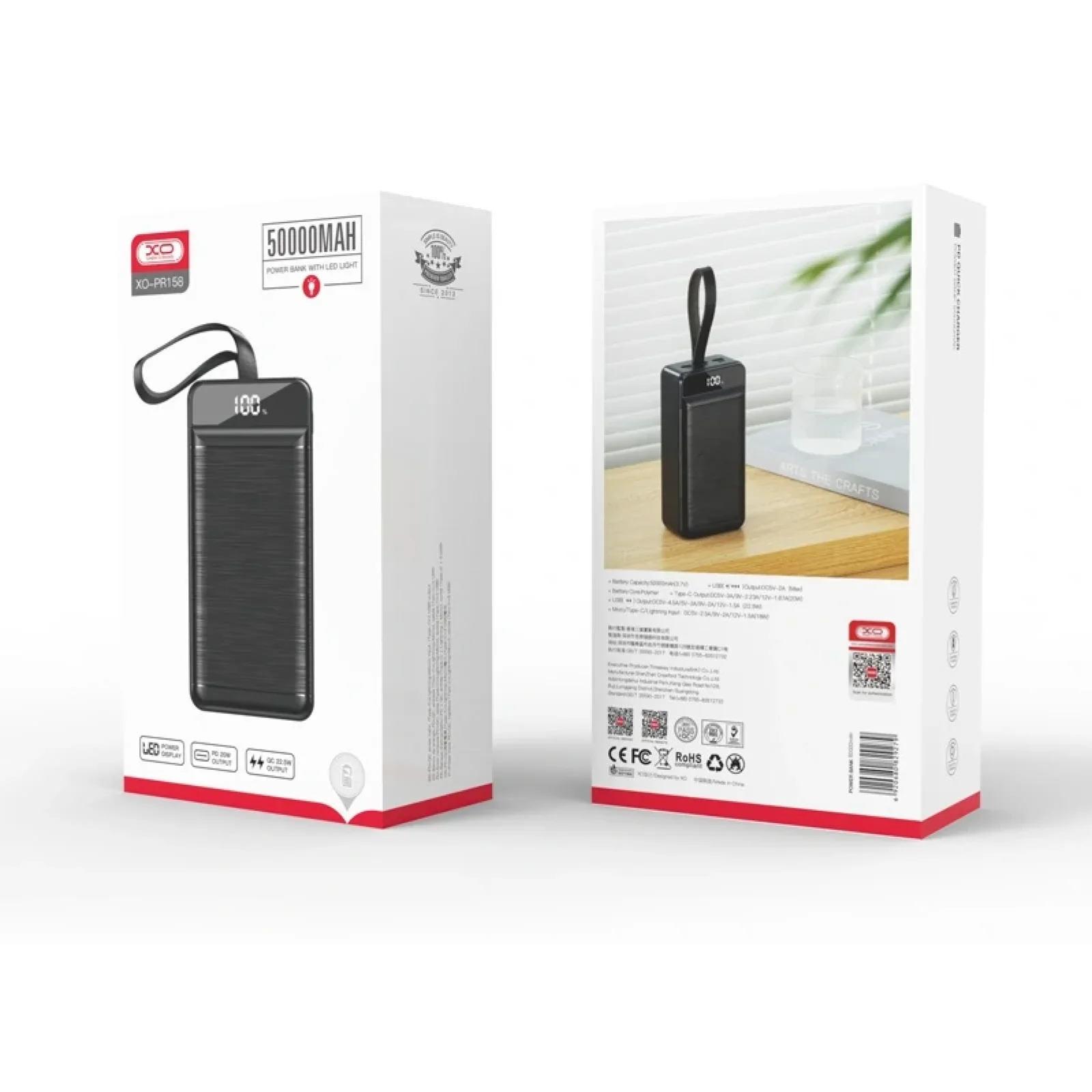 Зовнішній акумулятор XO PR158 50000 mAh 3-Input PD20W + QC22.5W with light Black UA