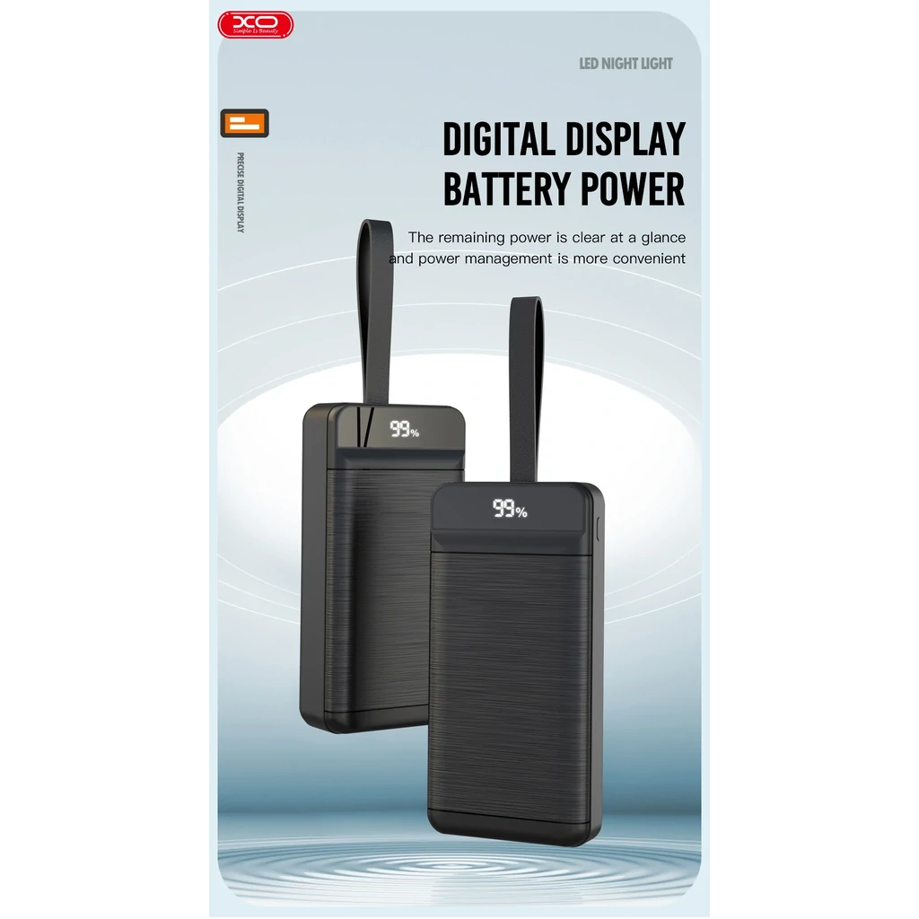 Зовнішній акумулятор XO PR158 50000 mAh 3-Input PD20W + QC22.5W with light Black UA