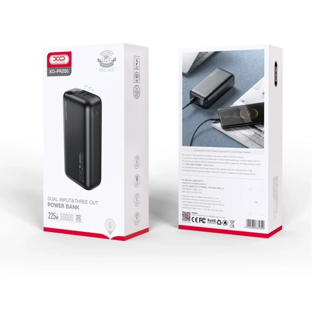 Зовнішній акумулятор XO PR200 30000 mAh PD20W + QC22.5W Black UA