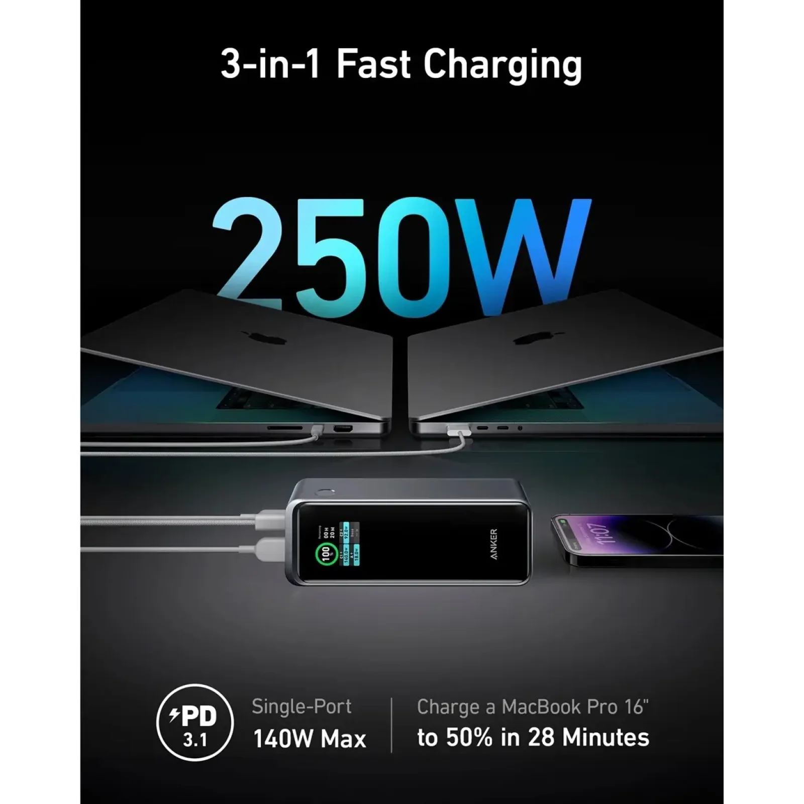 Внешний аккумулятор Anker Prime 27650 mAh 250W PD Black (A1340011) UA