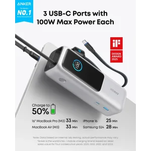 Зовнішній акумулятор Anker 25000 mAh 165W PD Built-In Double USB-C Cables Silver UA