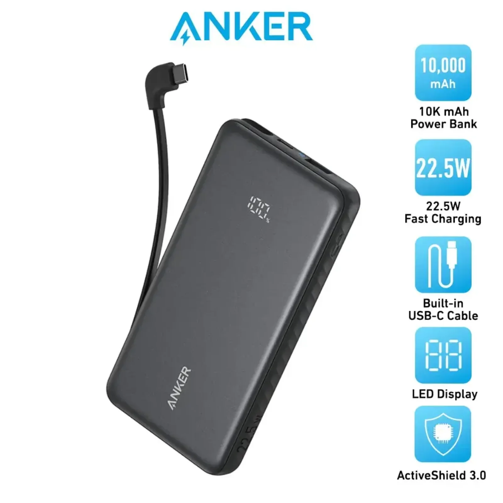 Зовнішній акумулятор Anker - 10000 mAh 22.5W Built-In USB-C Cable Black UA