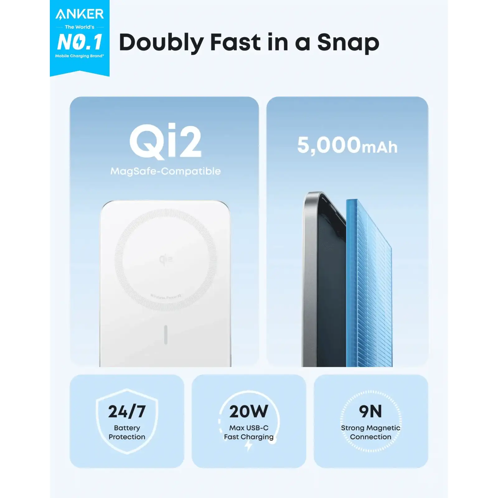 Внешний аккумулятор Anker Nano - 5000 mAh Qi2 15W MagGo Slim White UA