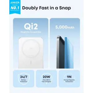 Внешний аккумулятор Anker Nano - 5000 mAh Qi2 15W MagGo Slim White UA