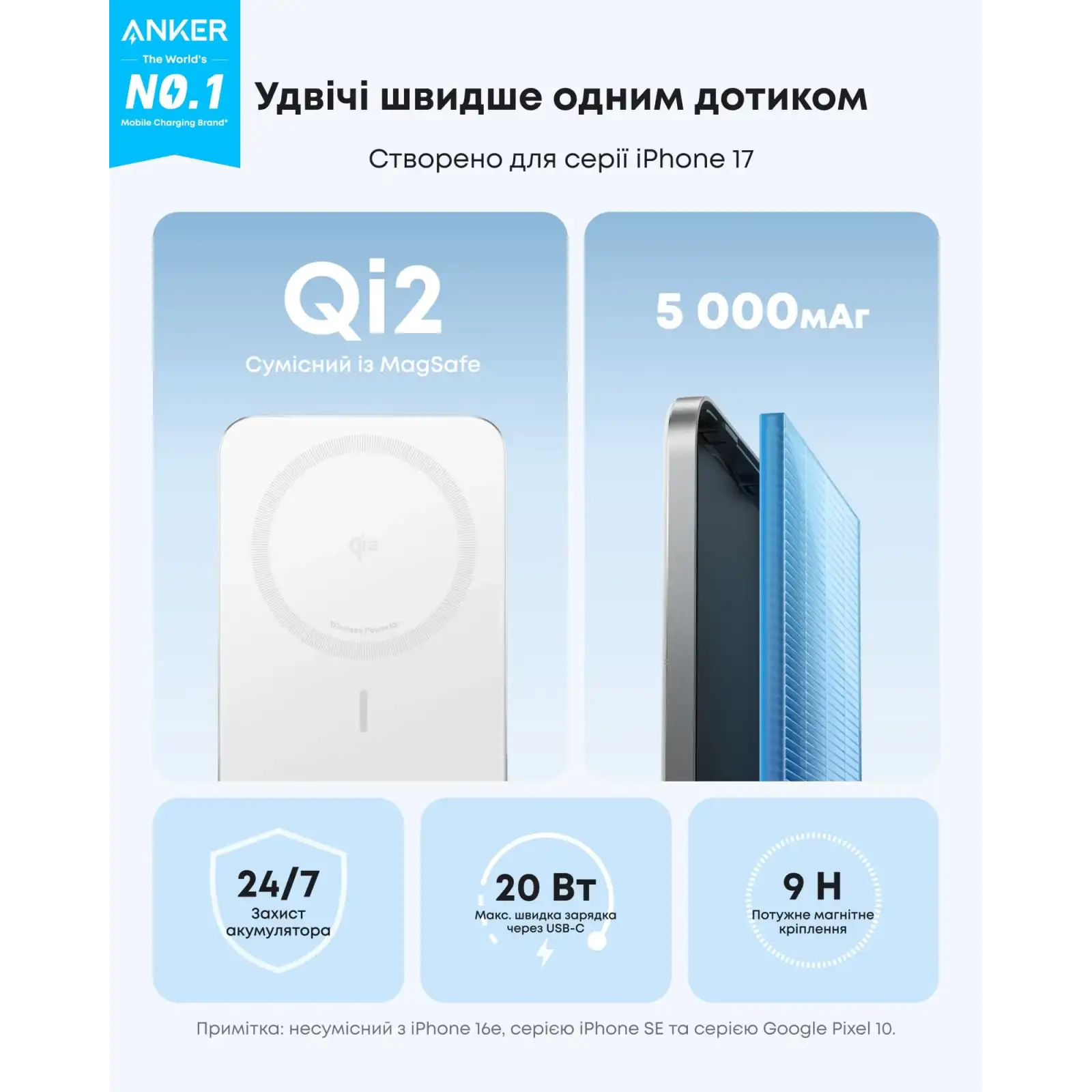 Внешний аккумулятор Anker Nano - 5000 mAh Qi2 15W MagGo Slim Orange UA
