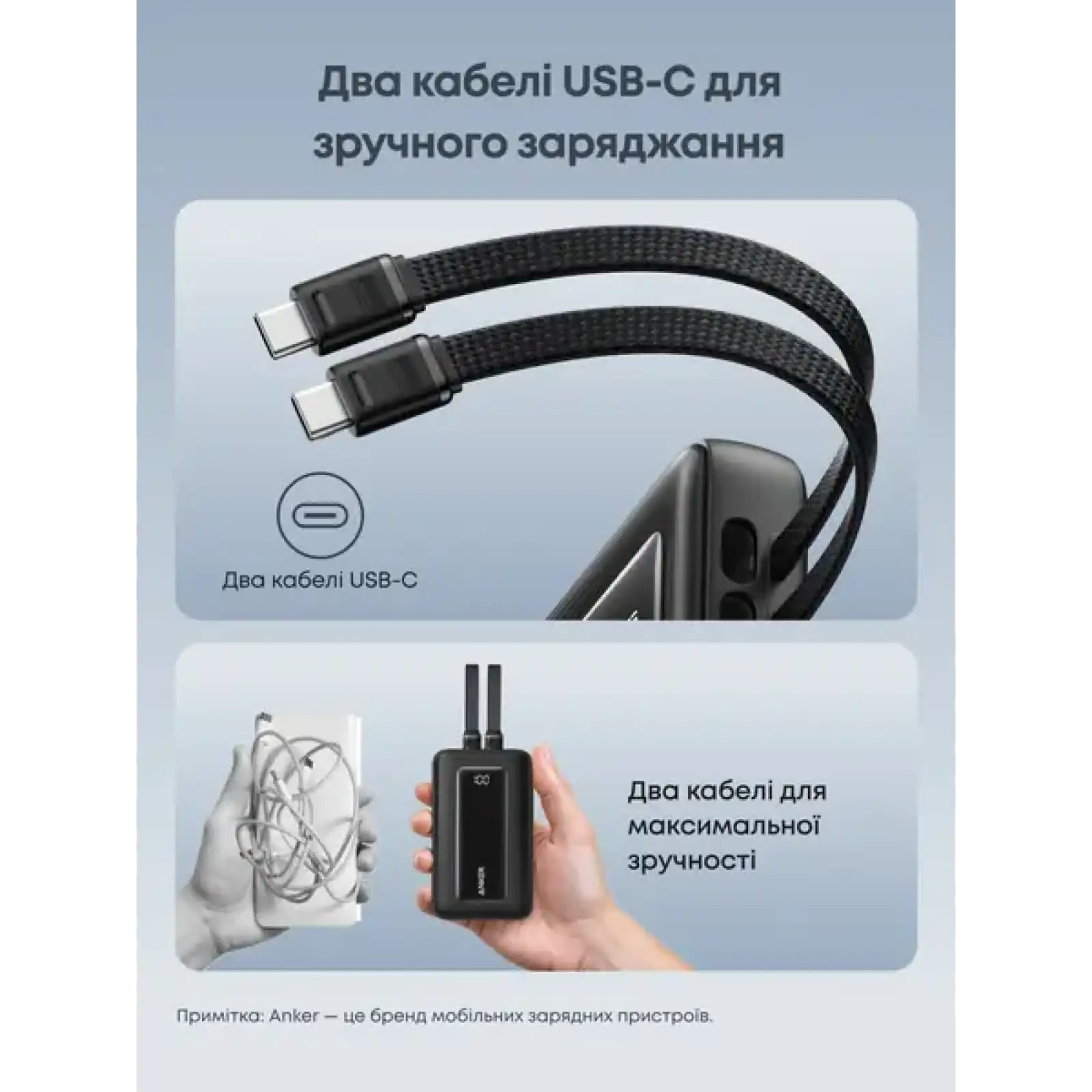 Внешний аккумулятор Anker Zolo - 20000 mAh 45W Built-In Dual USB-C Cables Black UA