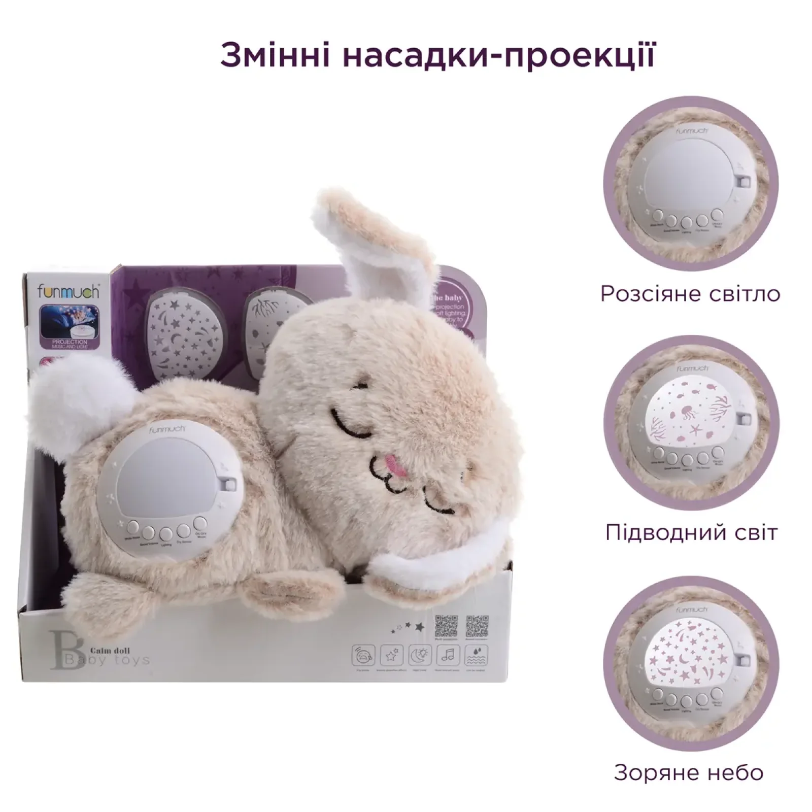Игрушка-ночник Funmuch Кролик с датчиком плача AI и проектором, колыбельные, белый шум UA