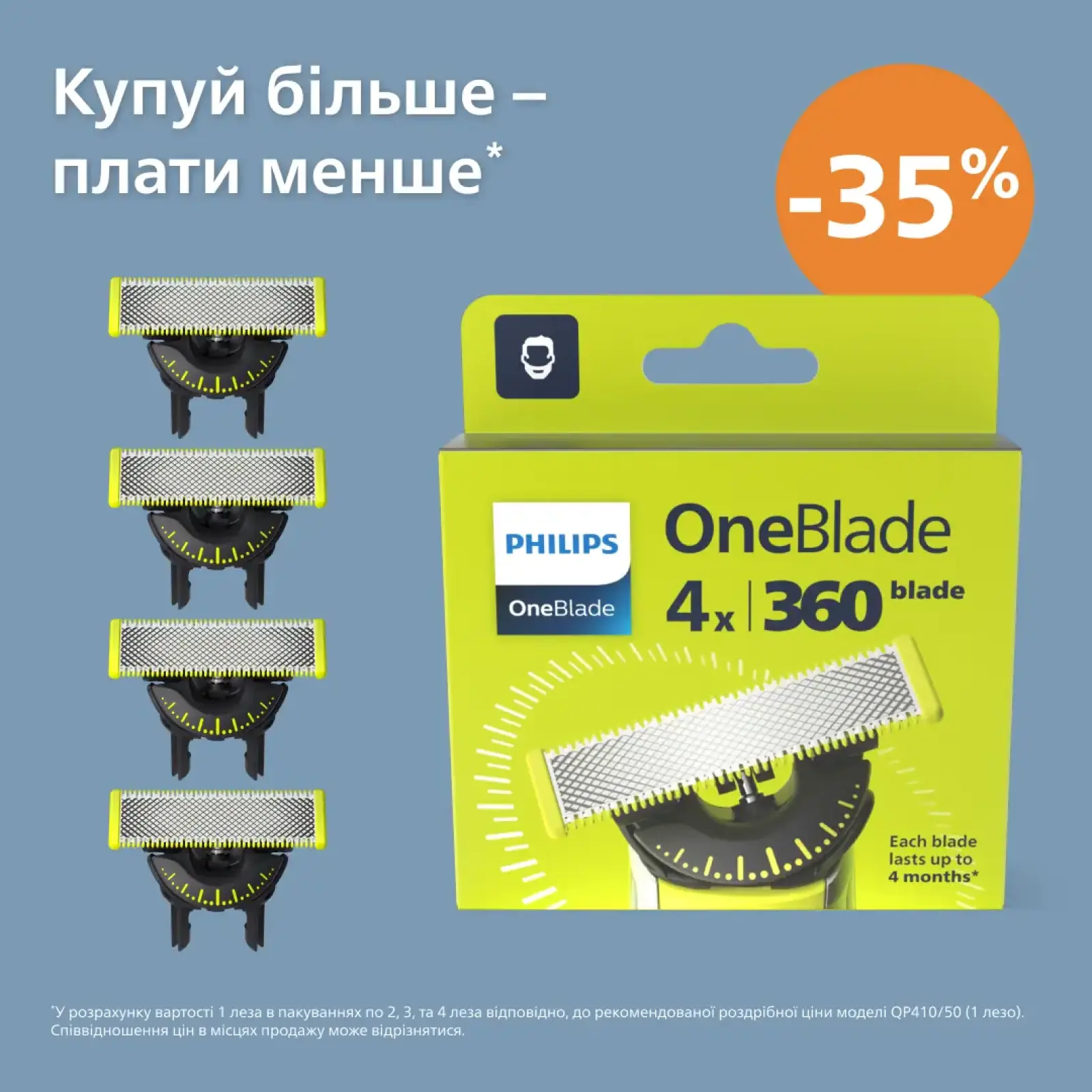 Триммер Philips QP440/50 OneBlade Плаваюче лезо, 4 шт UA