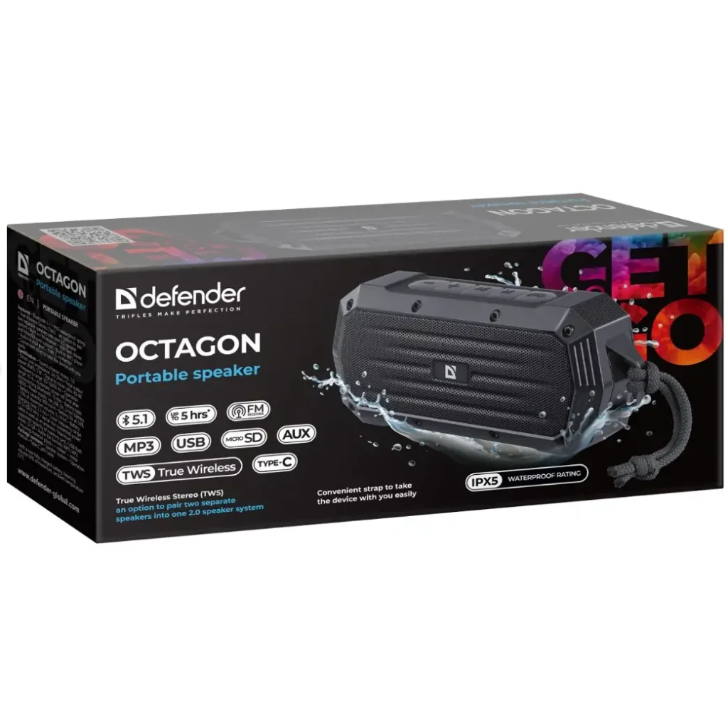 Портативная акустика DEFENDER (65039) Octagon 5Вт, FM/microSD/USB/TWS, black UA