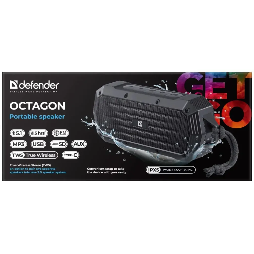 Портативная акустика DEFENDER (65039) Octagon 5Вт, FM/microSD/USB/TWS, black UA