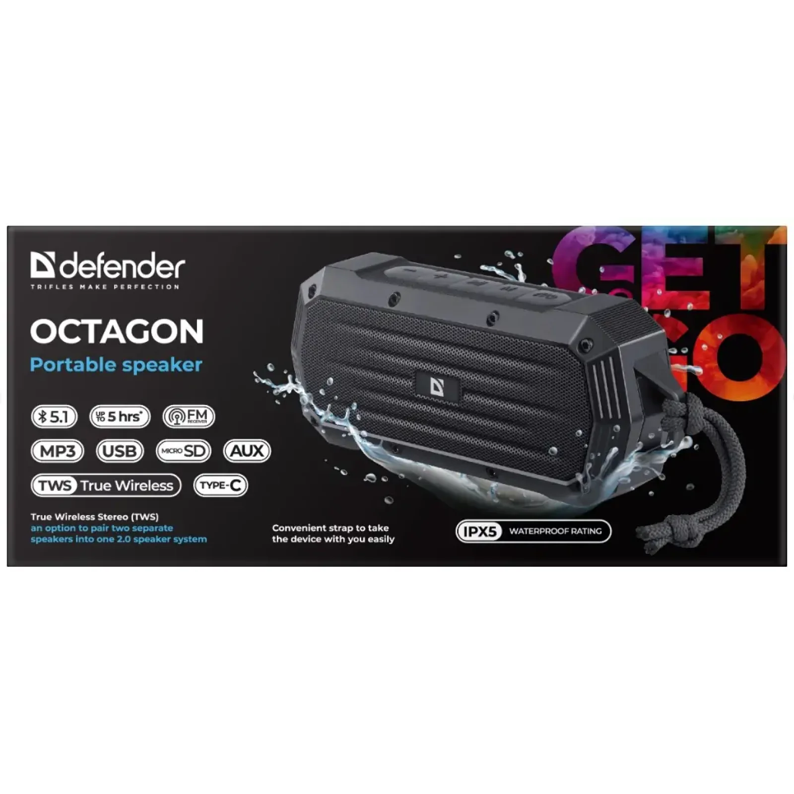 Портативна акустика DEFENDER (65039) Octagon 5Вт, FM/microSD/USB/TWS, чорний UA
