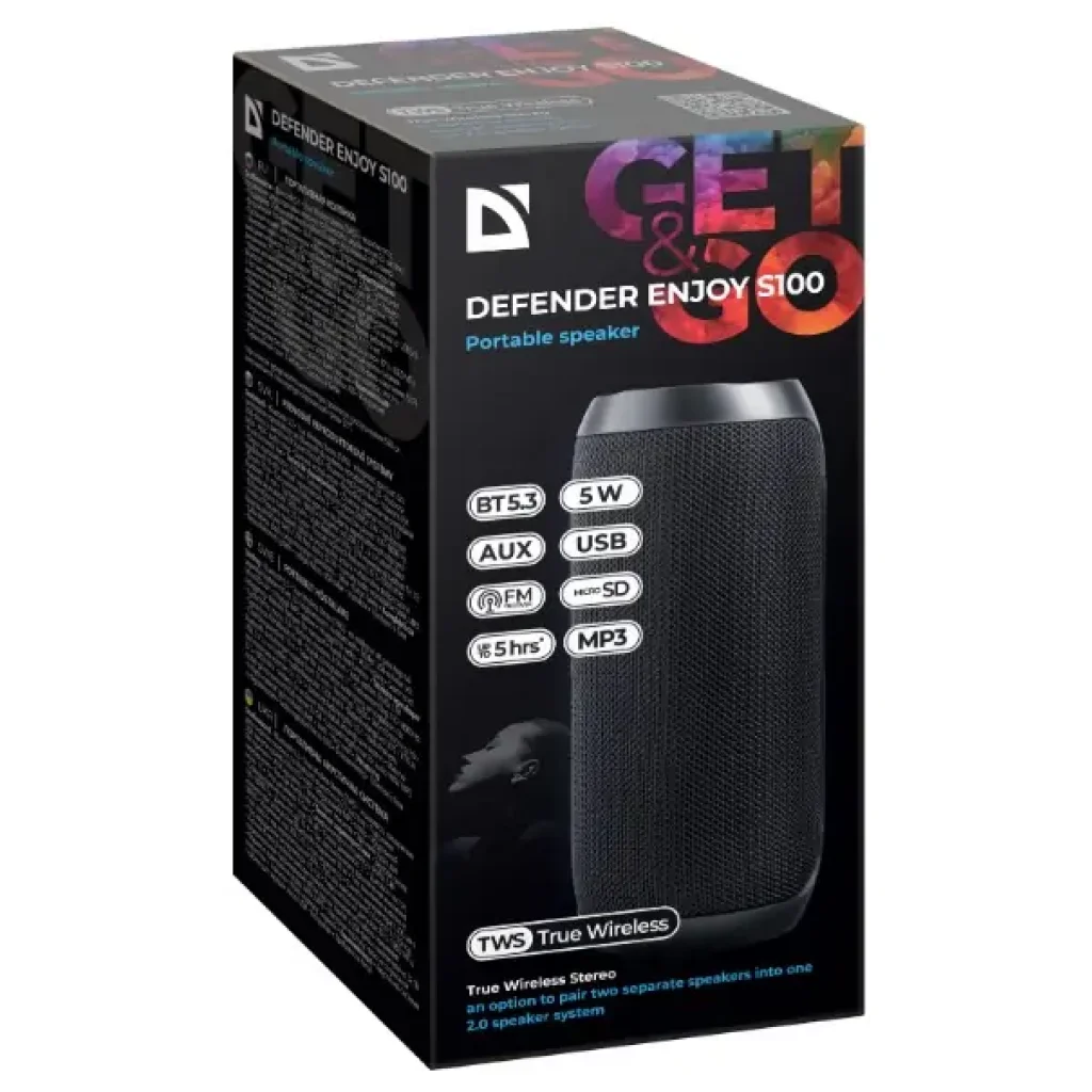 Портативная акустика DEFENDER (65101) Enjoy S100 5Вт, FM/microSD/USB/TWS, black UA