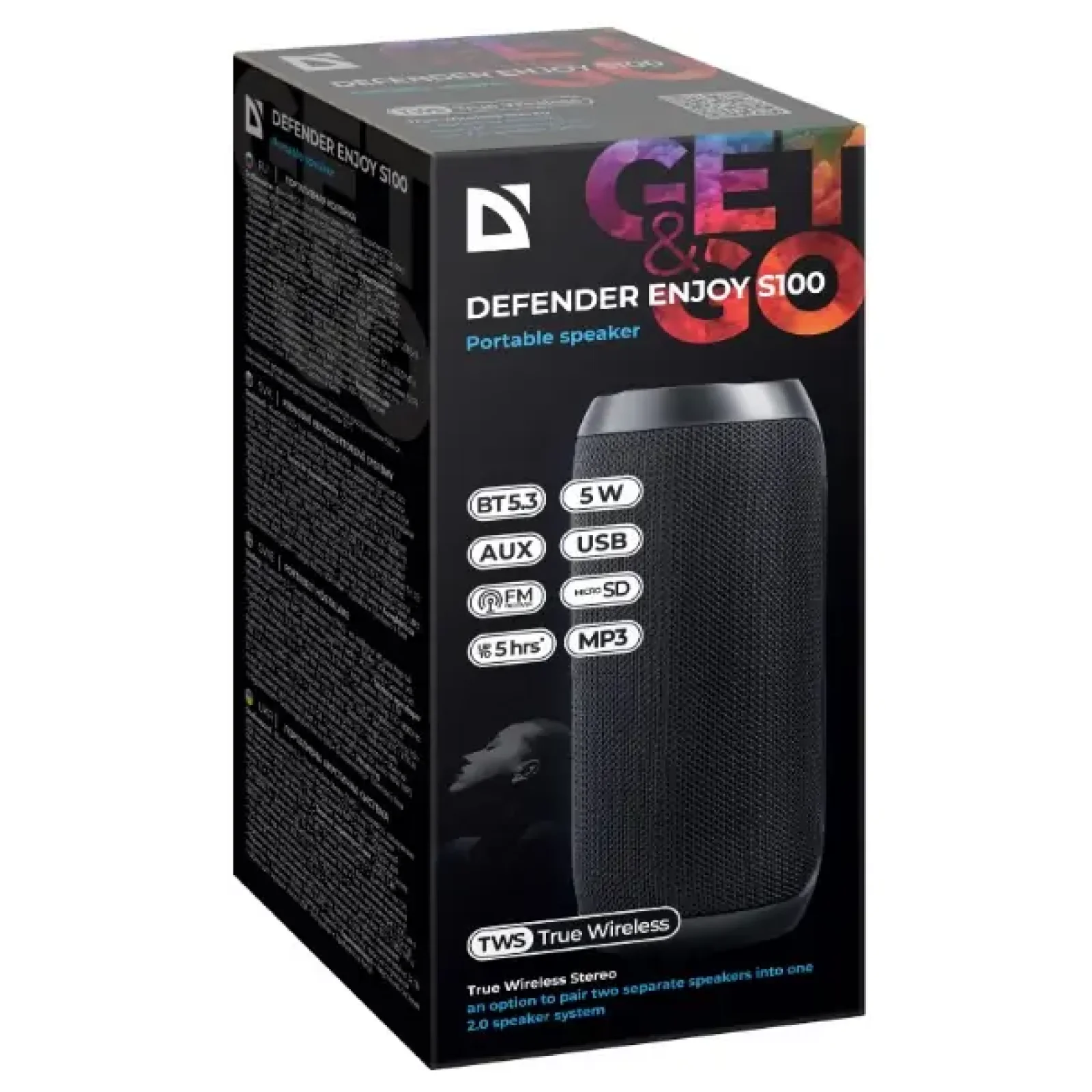 Портативна акустика DEFENDER (65101) Enjoy S100 5Вт, FM/microSD/USB/TWS, чорний UA