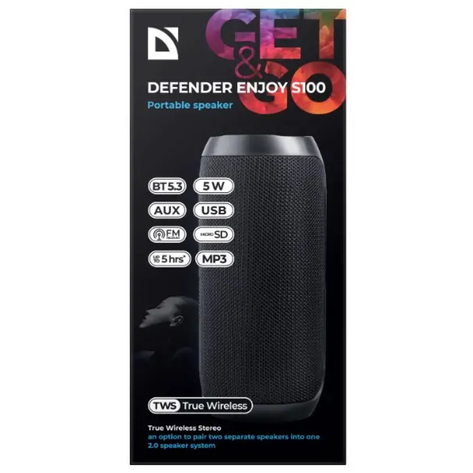 Портативна акустика DEFENDER (65101) Enjoy S100 5Вт, FM/microSD/USB/TWS, чорний UA