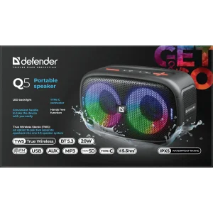 Портативна акустика DEFENDER (65305) Q5 20 W, Light/BT/FM/USB/TF/IPX5 Black UA