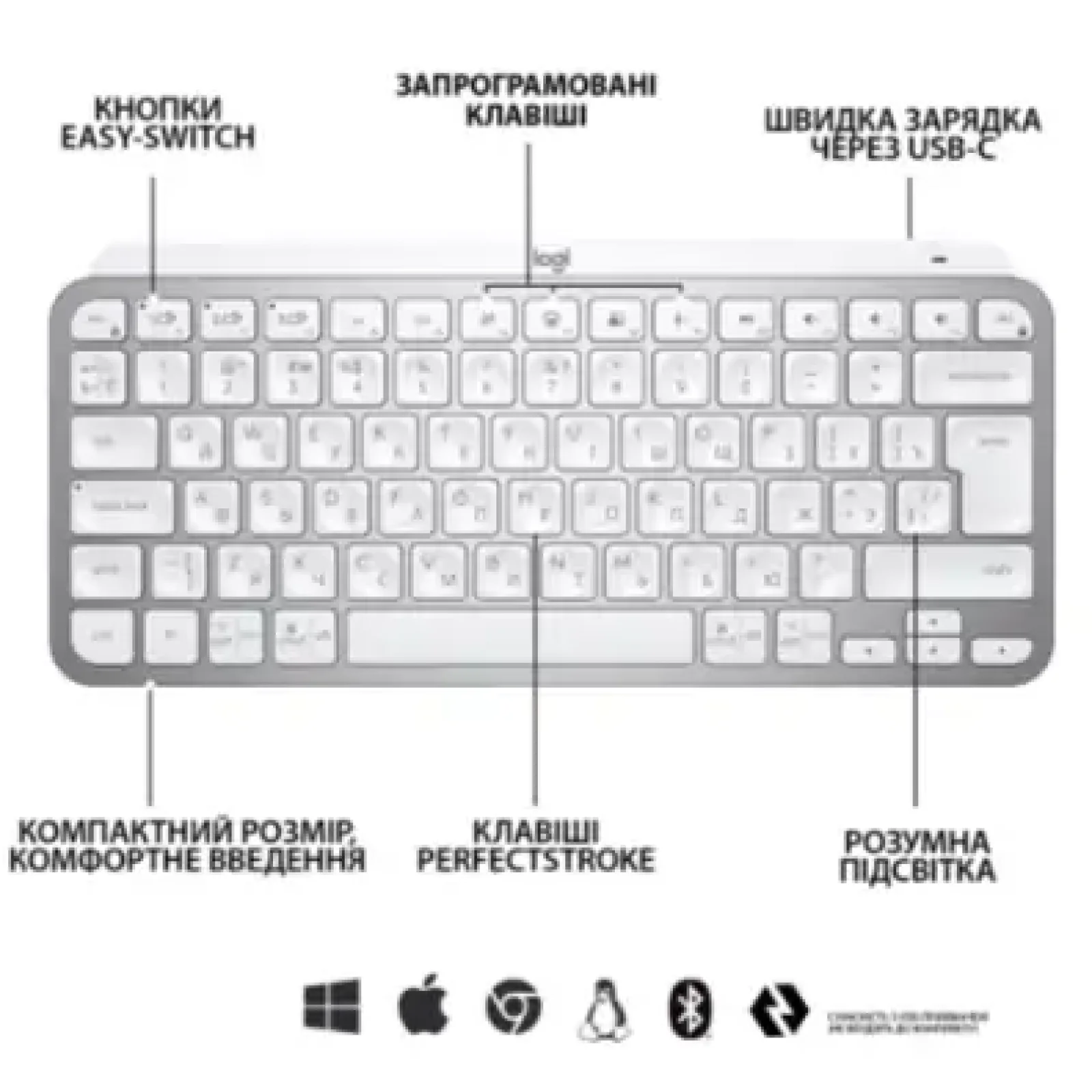 Клавиатура LOGITECH MX Keys Mini Minimalist Wireless, US, Pale Grey (920-010499) UA