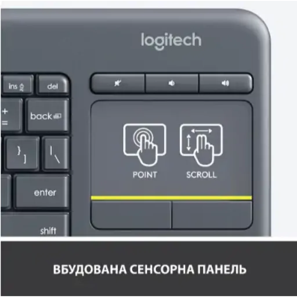 Клавіатура LOGITECH Wireless Touch K400 Plus, US, Black (920-007145) UA