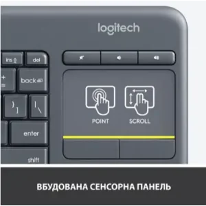Клавіатура LOGITECH Wireless Touch K400 Plus, US, Black (920-007145) UA