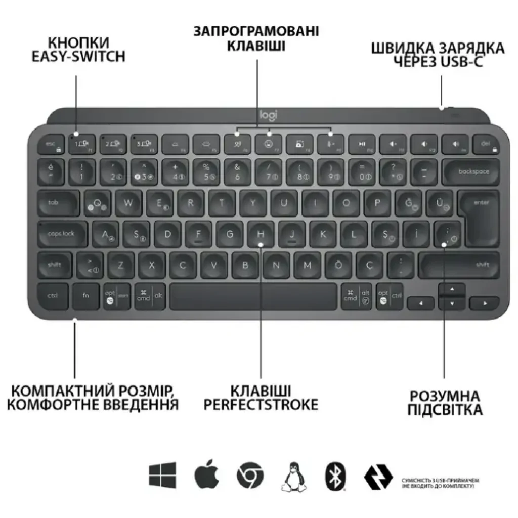 Клавіатура LOGITECH MX Keys Mini Minimalist Wireless, US, Graphite (920-010498) UA