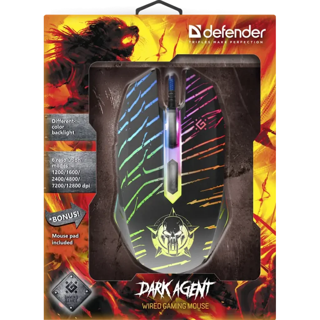 Миша DEFENDER (52590) Dark Agent GM-590L 6 кнопок, 12800dpi UA