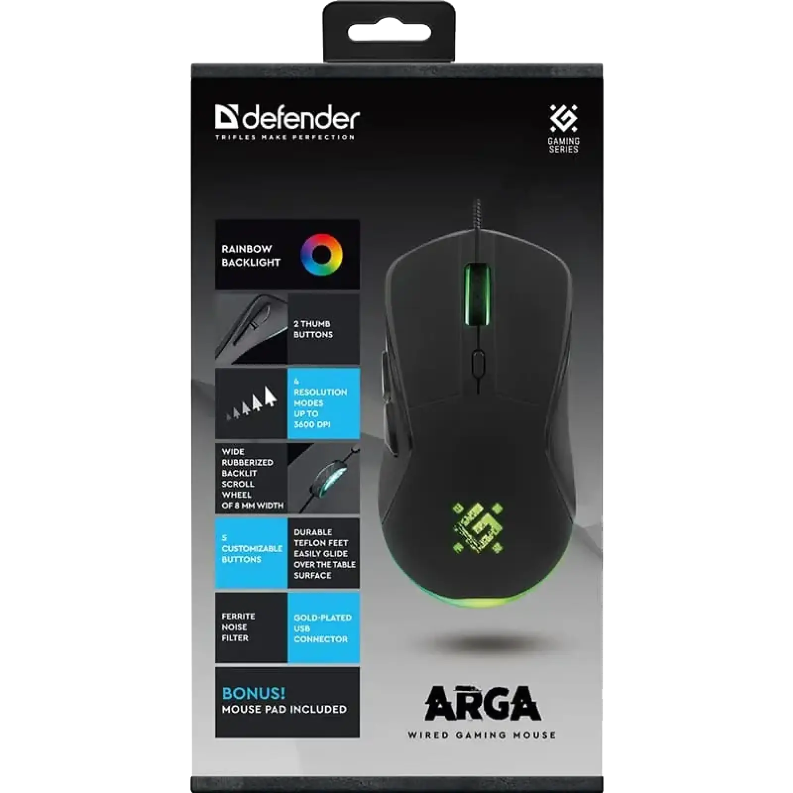 Миша DEFENDER Arga GM-049, +килимок, rainbow, чорна (52049) UA