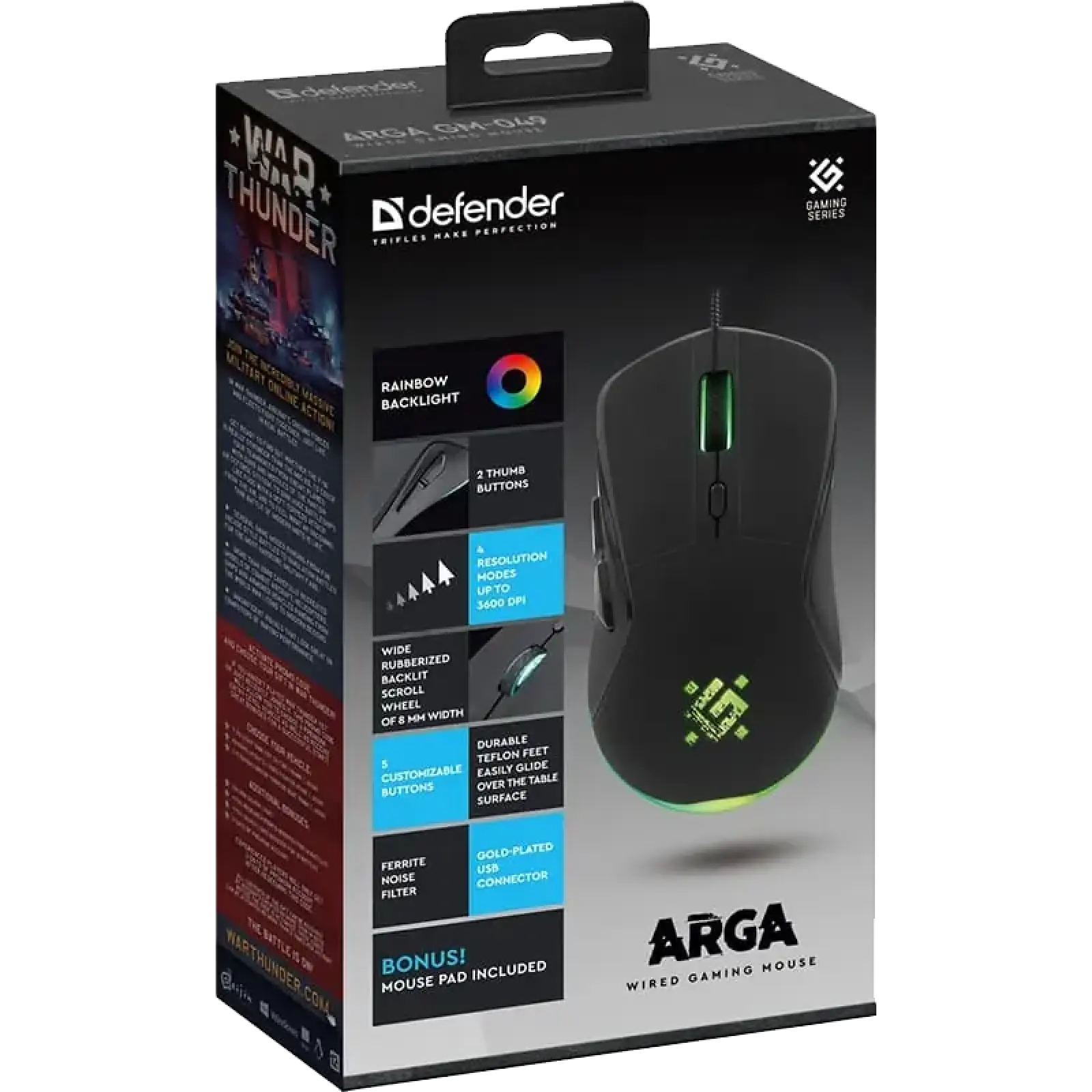 Миша DEFENDER Arga GM-049, +килимок, rainbow, чорна (52049) UA