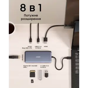 Переходник Anker PowerExpand 8-in-1 - PD in 100W/HDMI/2xUSB-A/USB-C 10Gbps/LAN/SD Black UA