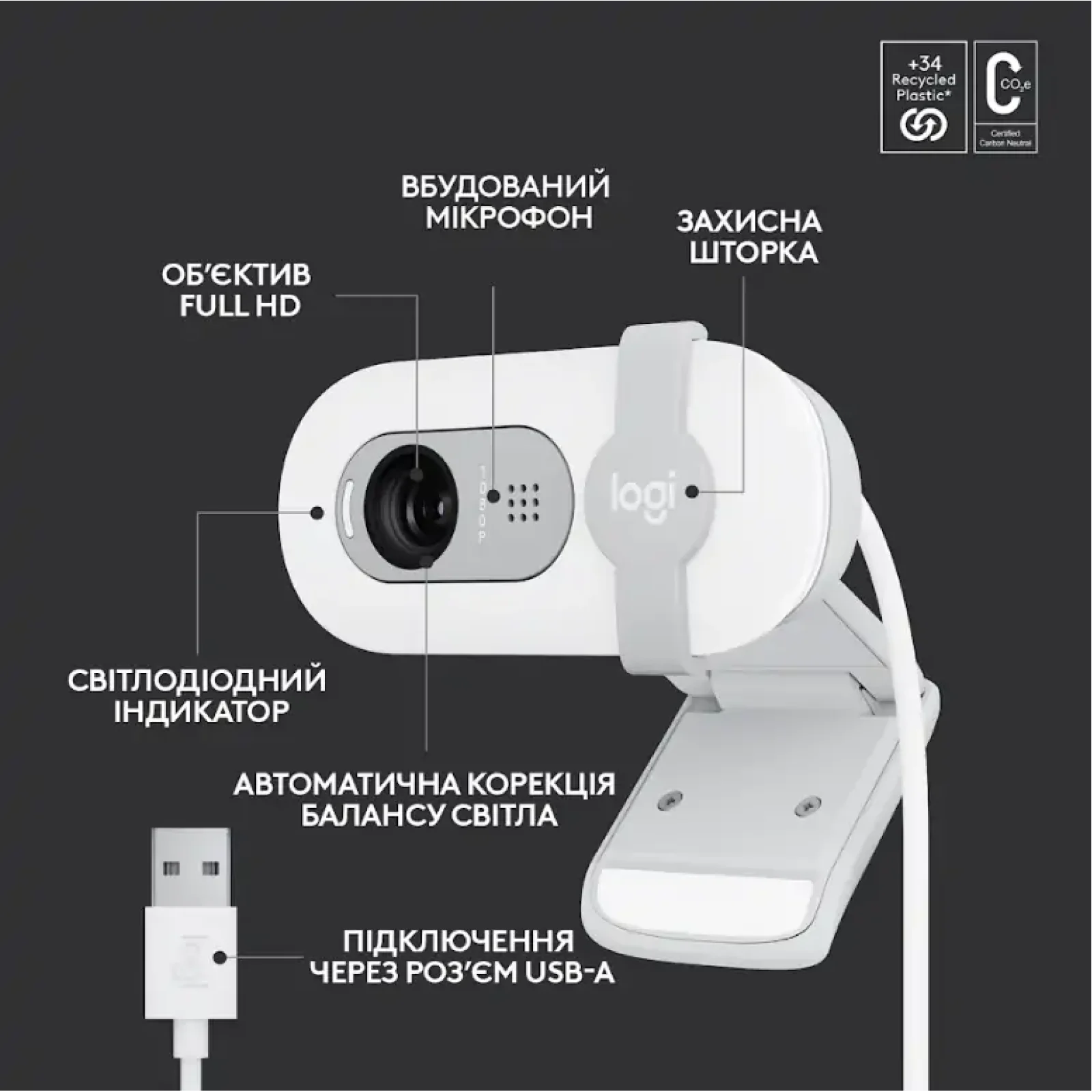 Комп.Камера LOGITECH BRIO 100 FHD OFF-WHITE (960-001617) UA