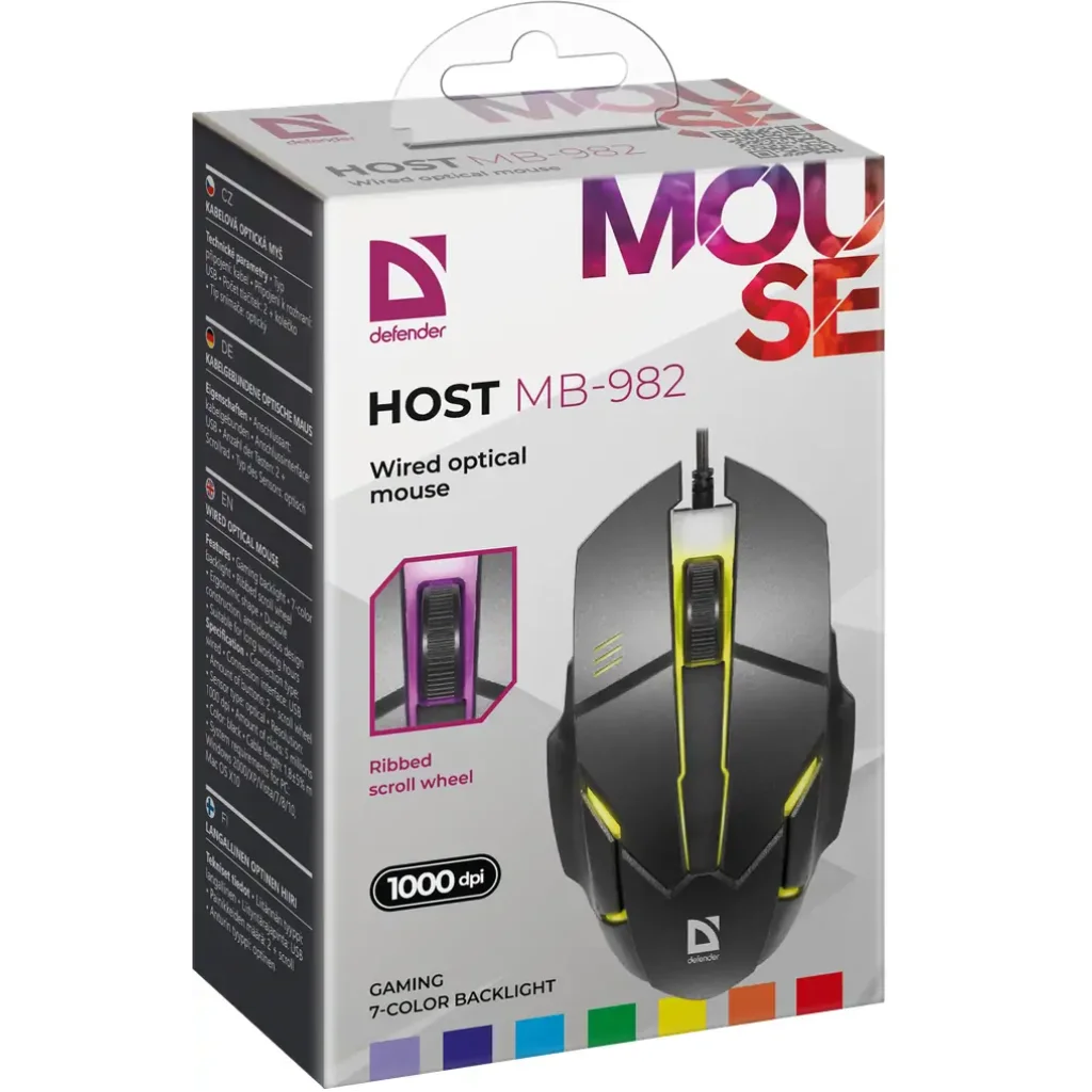 Мышь DEFENDER (52982) Host MB-982 7 цветов,1000 dpi,черный UA