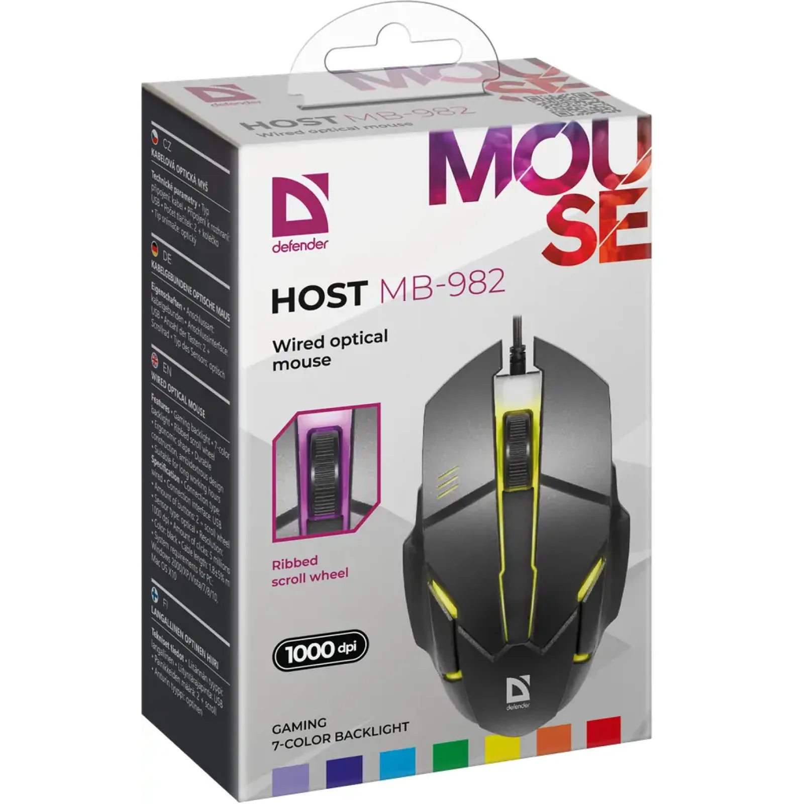 Мышь DEFENDER (52982) Host MB-982 7 цветов,1000 dpi,черный UA