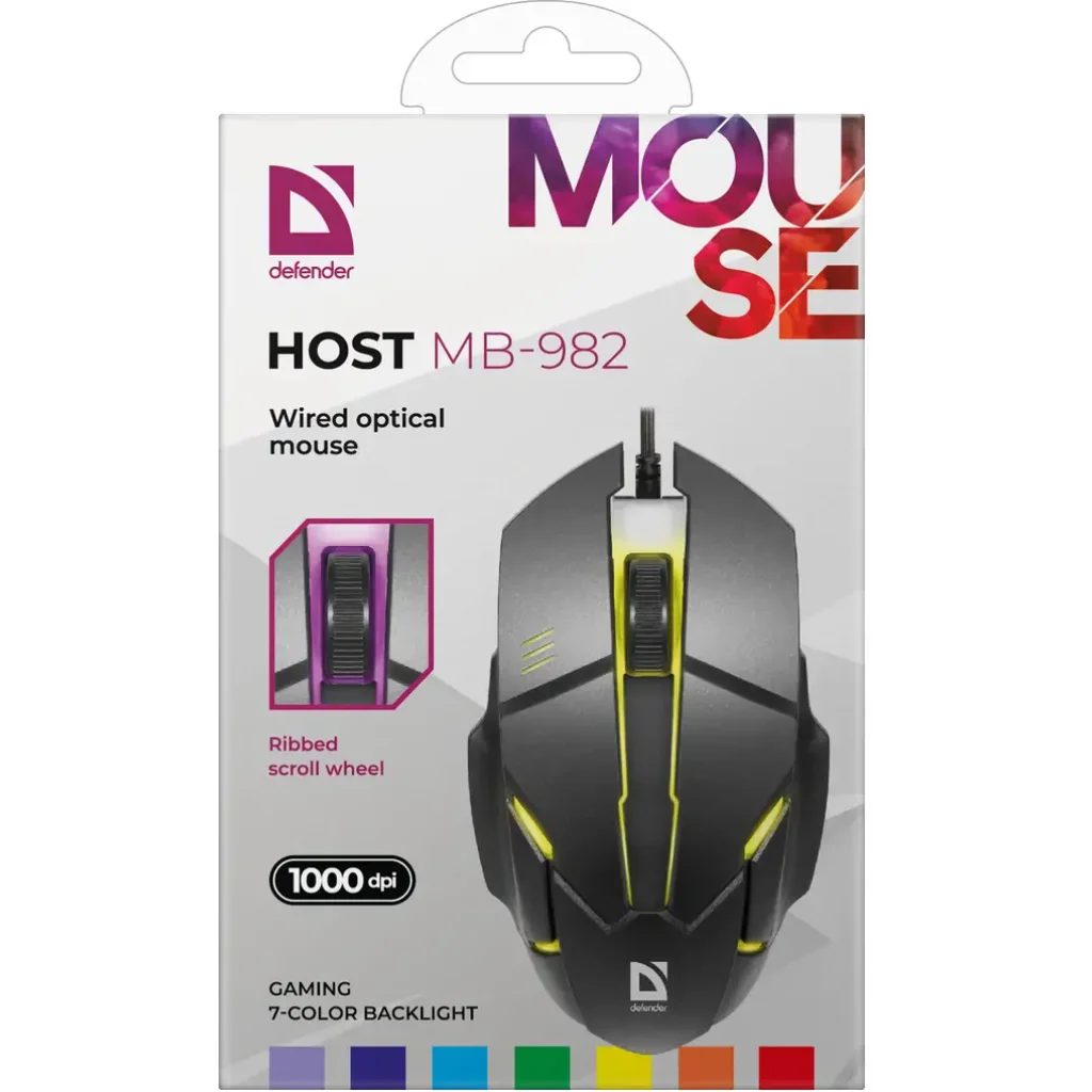 Мышь DEFENDER (52982) Host MB-982 7 цветов,1000 dpi,черный UA