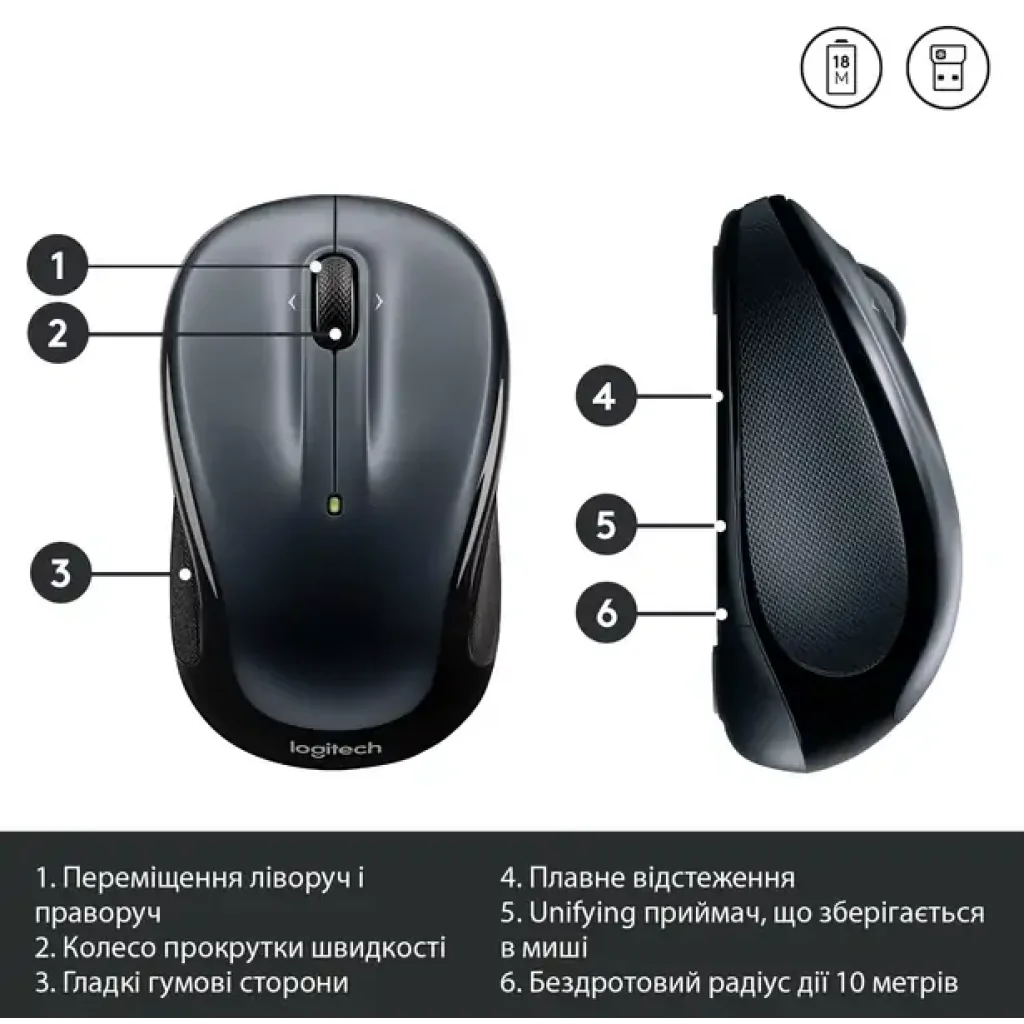 Миша LOGITECH M325s Wireless Dark Silver (910-006812) UA