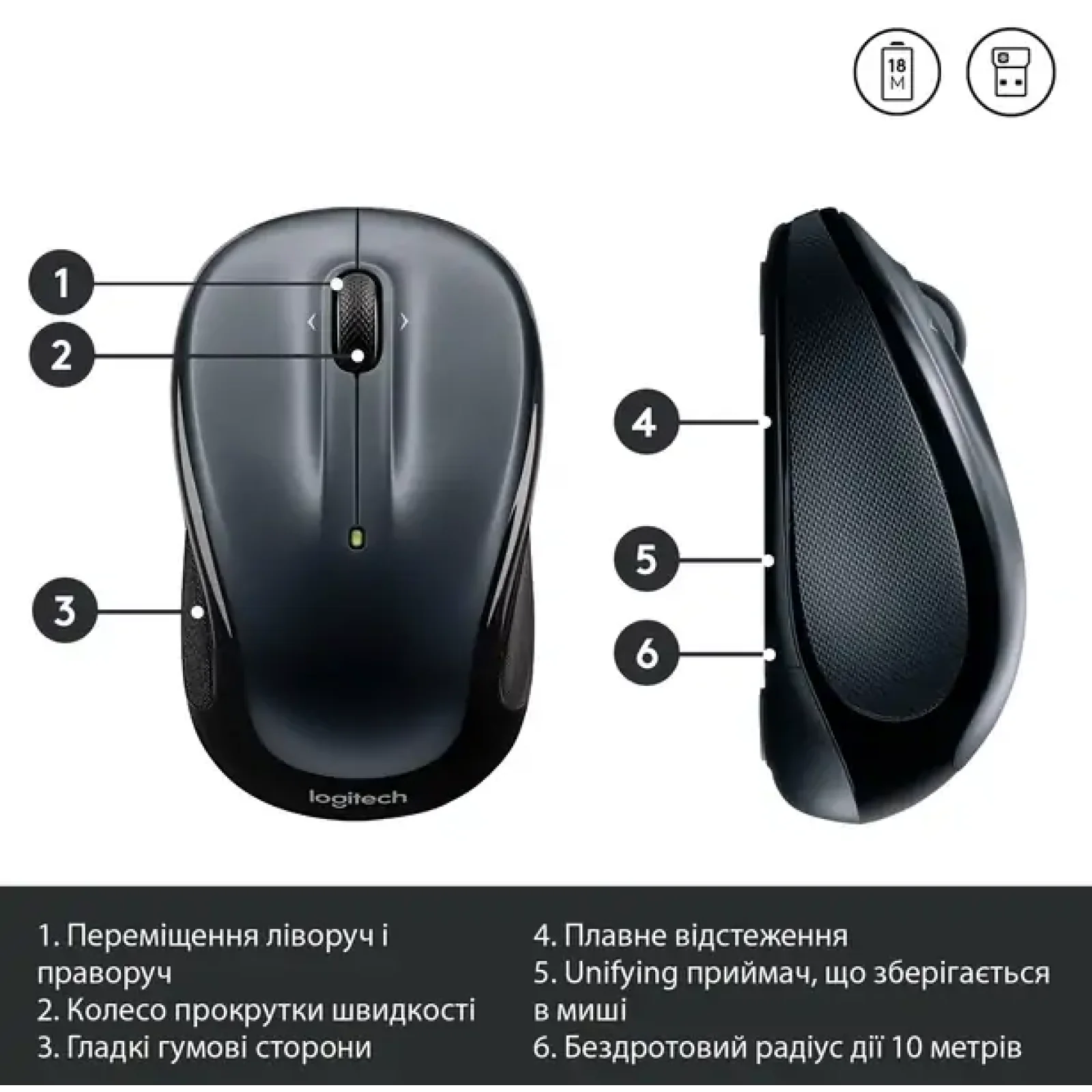 Мышь LOGITECH M325s Wireless Dark Silver (910-006812) UA