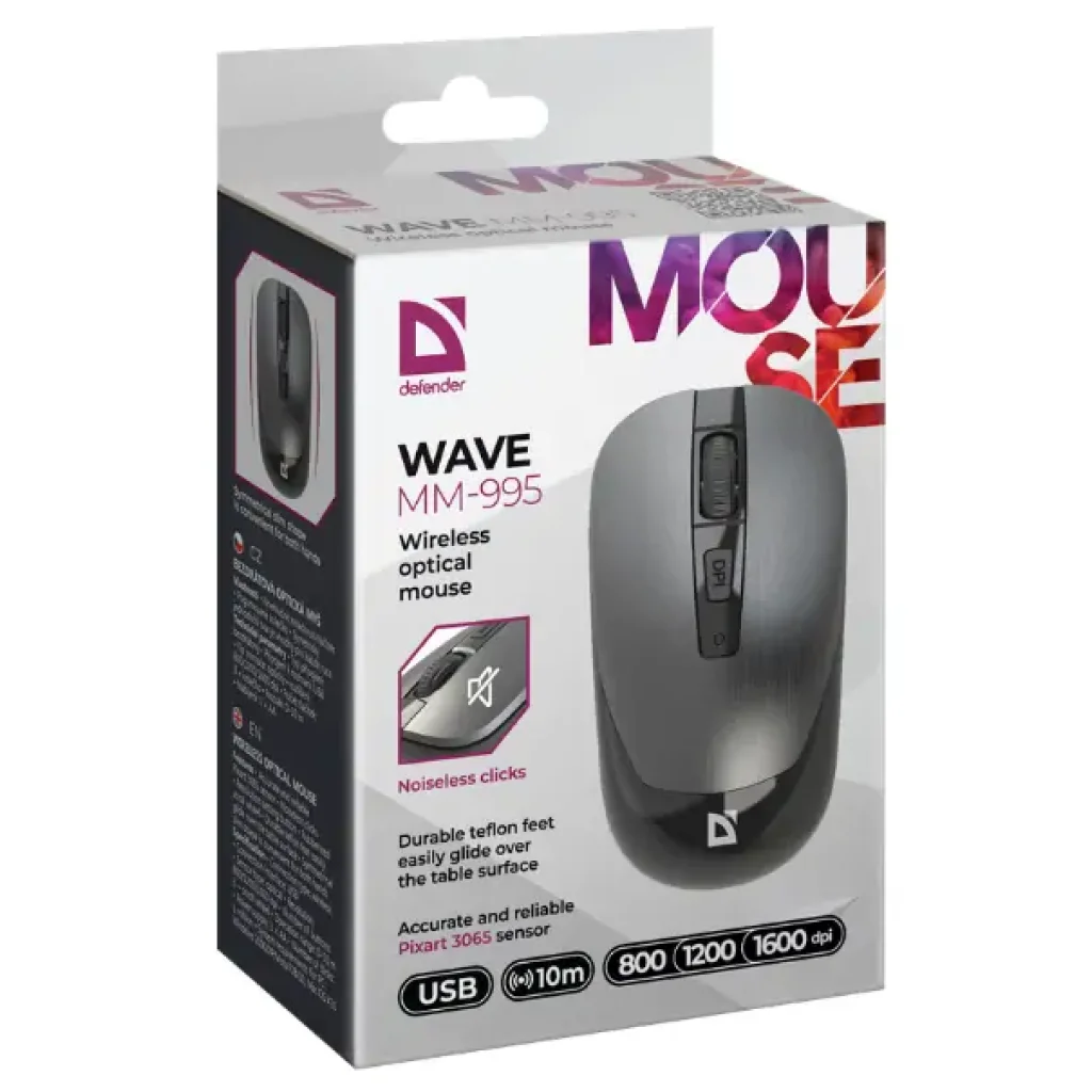 Мышь DEFENDER (52993) Wave MM-995, 4D, 800-1600dpi, GRAY, wireless, silent UA