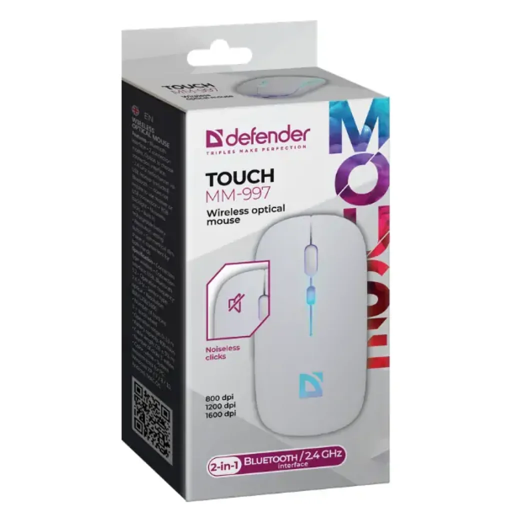 Мышь DEFENDER (52998) Touch MM-997, 2.4+BT, RGB, 500mAh, WHITE, wireless, silent UA