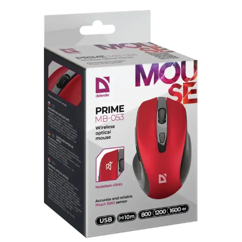Мышь DEFENDER (52052) Prime MB-053, 6D, 800-1600dpi, RED, wireless, silent UA