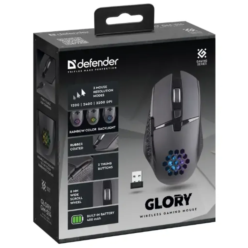 Мышь DEFENDER (52514) Glory GM-514, LED, 7D, 400 мАг, 3200dpi, BLACK, wireless UA