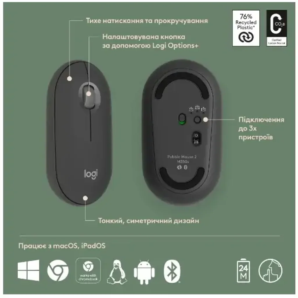 Мышь LOGITECH Pebble Mouse 2 M350s - TONAL GRAPHITE UA