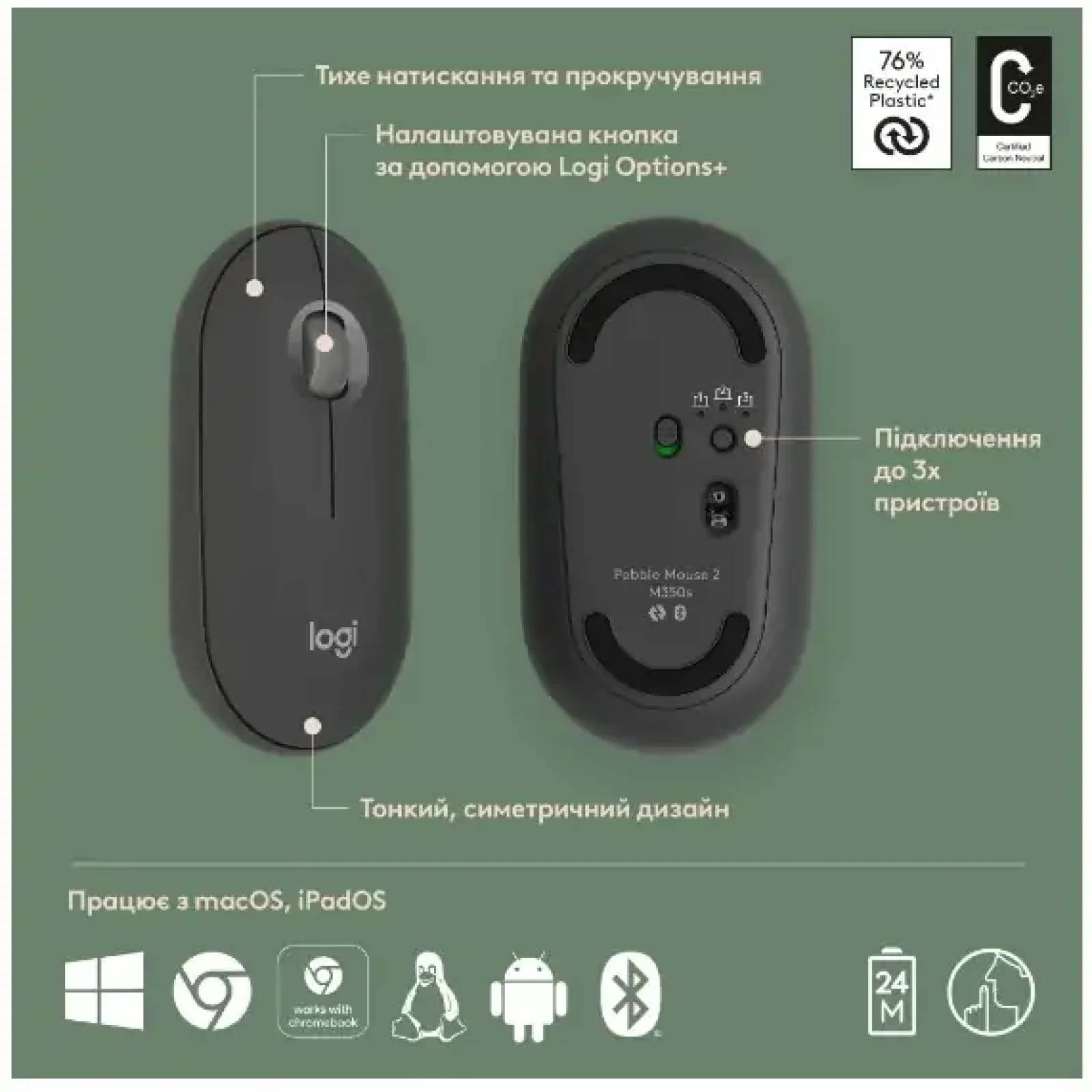 Мышь LOGITECH Pebble Mouse 2 M350s - TONAL GRAPHITE UA