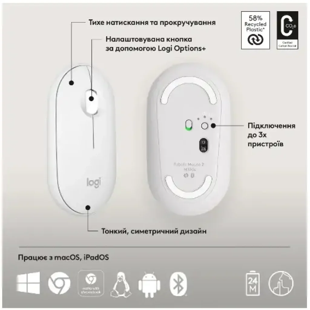 Мышь LOGITECH Pebble Mouse 2 M350s - TONAL WHITE - BT UA