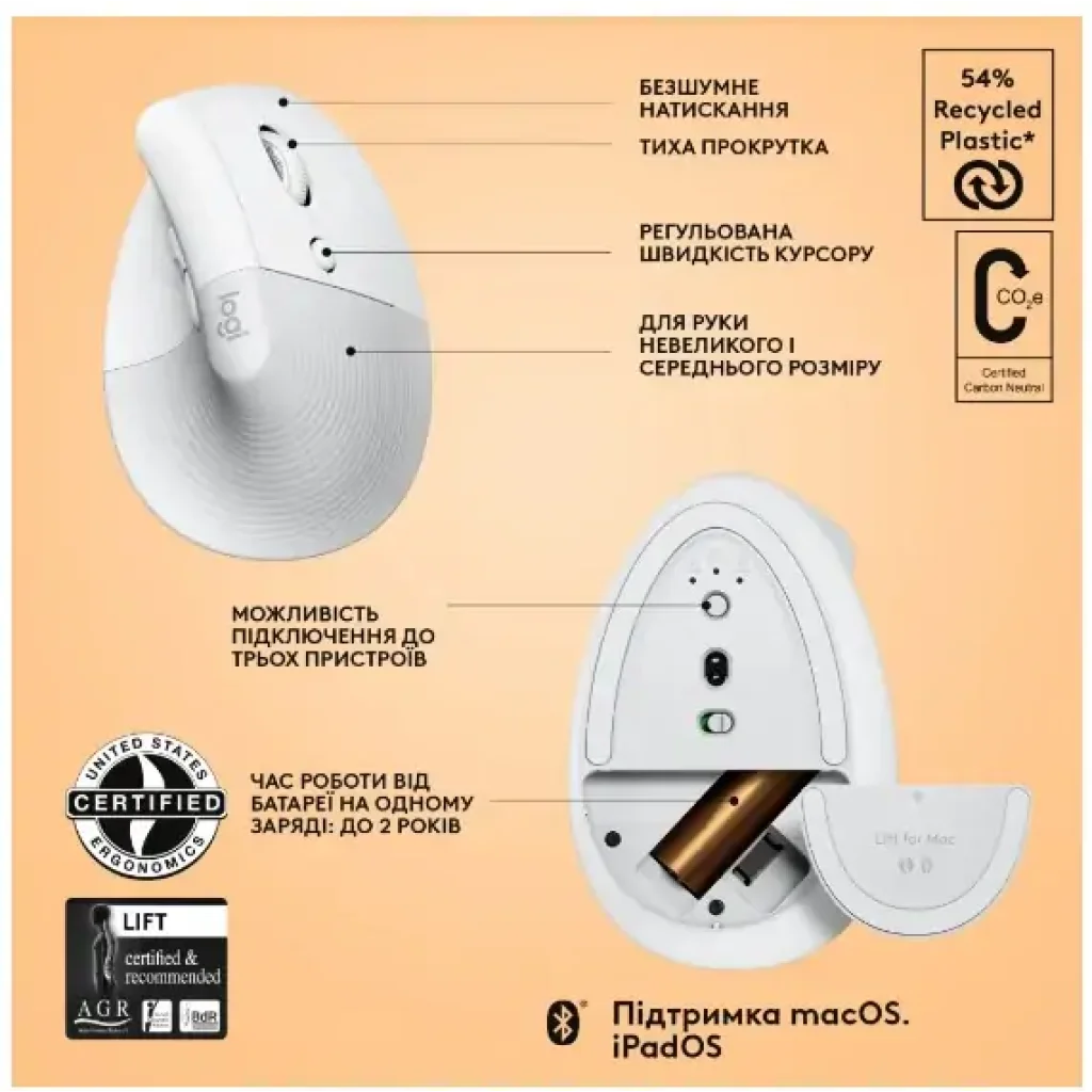 Мышь LOGITECH Lift for Mac Vertical Ergonomic, Off-White/Pale Grey (910-006477) UA