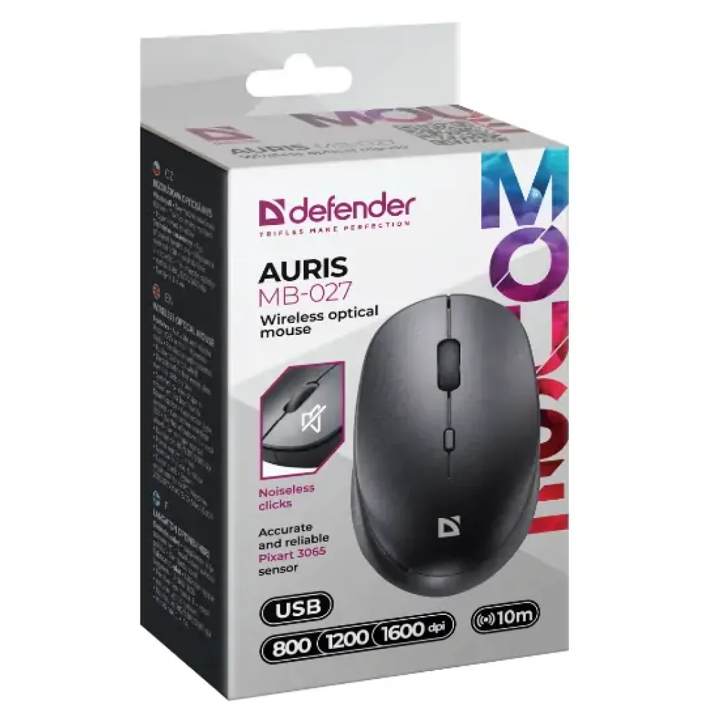 Мышь DEFENDER (52027) Auris MB-027,4D,800-1600dpi, silent, black UA