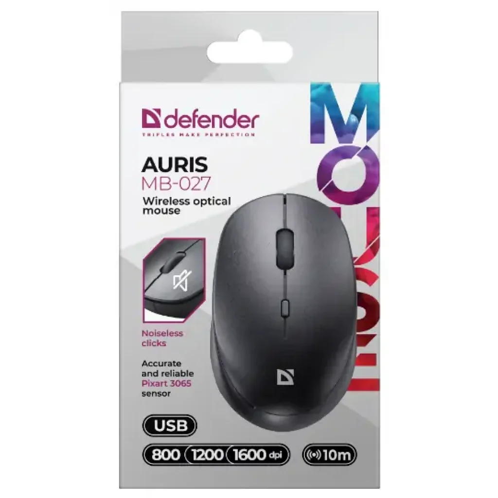 Мышь DEFENDER (52027) Auris MB-027,4D,800-1600dpi, silent, black UA