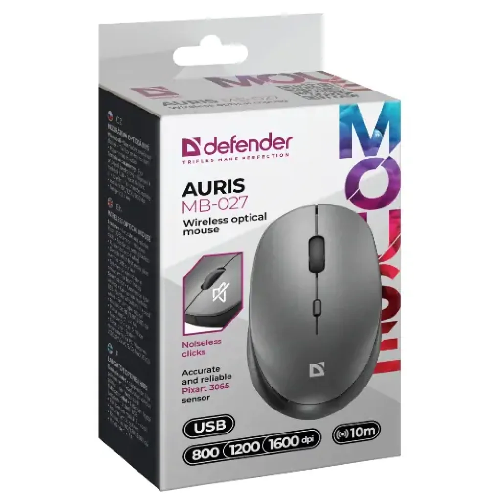 Мышь DEFENDER (52029) Auris MB-027,4D,800-1600dpi, silent, grey UA