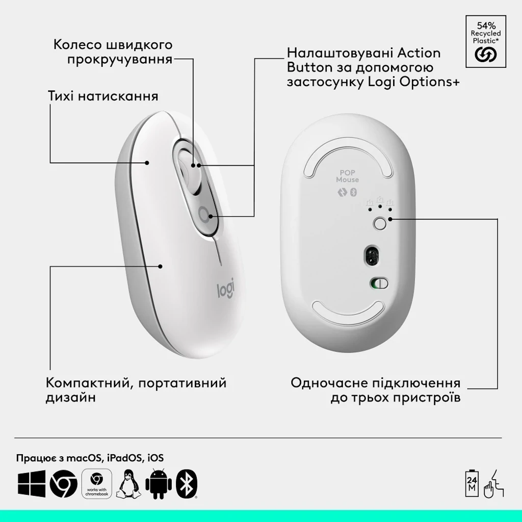 Мышь Logitech POP Mouse Offwhite, Bluetooth (910-007411) UA