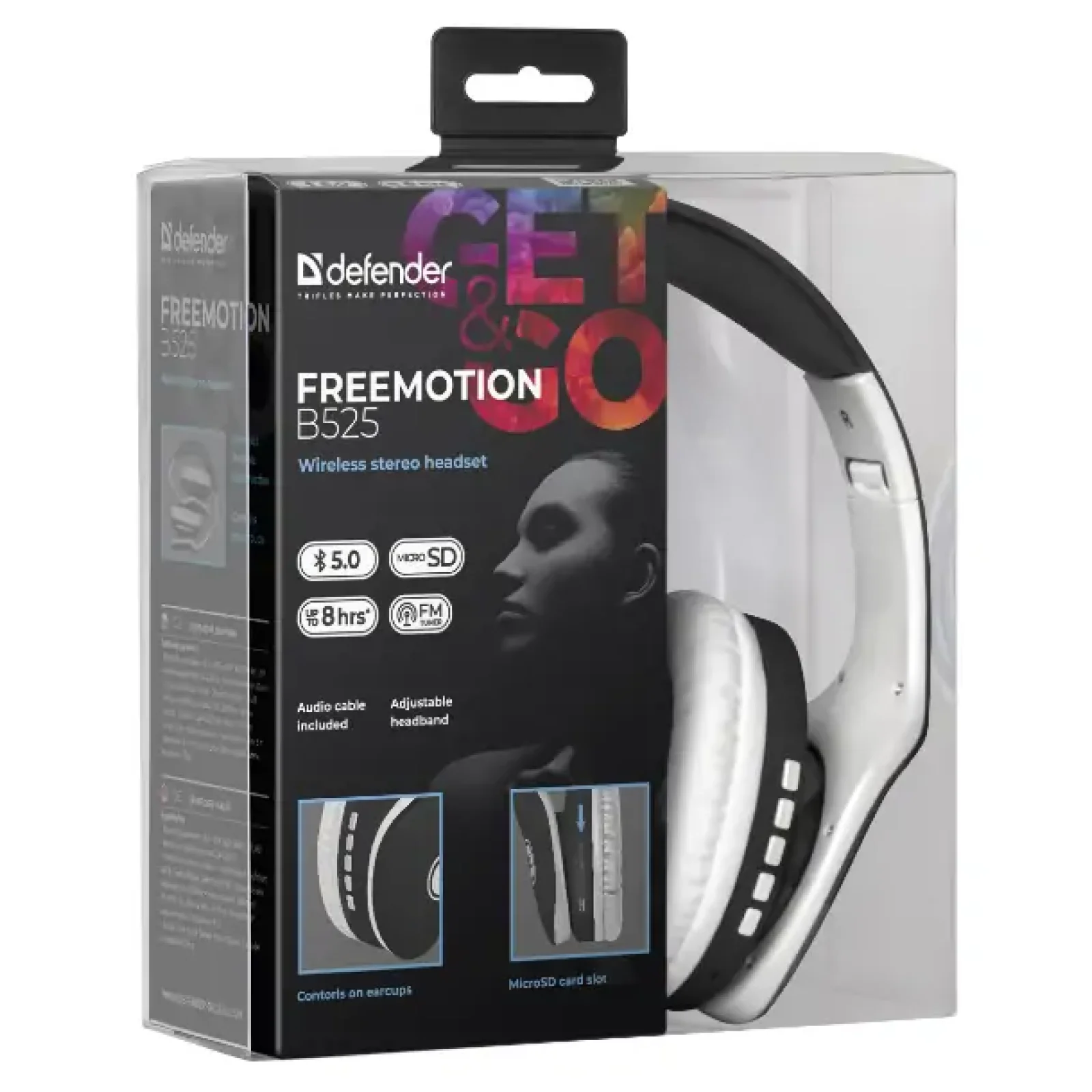 Наушники DEFENDER (63525) FreeMotion B525 чёрный + белый, Bluetooth UA