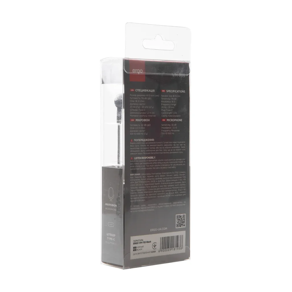 Навушники ERGO VM-735 Type-C Earphones Чорний UA
